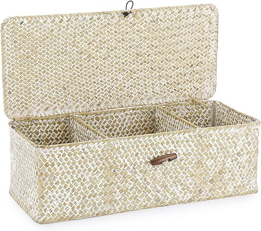 Hipiwe Seagrass Storage Basket Bin 3 Sections Hand-Woven Wicker Baskets with Lid Bathroom Basket Toilet Tank Baskets Holder for Organize Snack Tissue, Whitewash