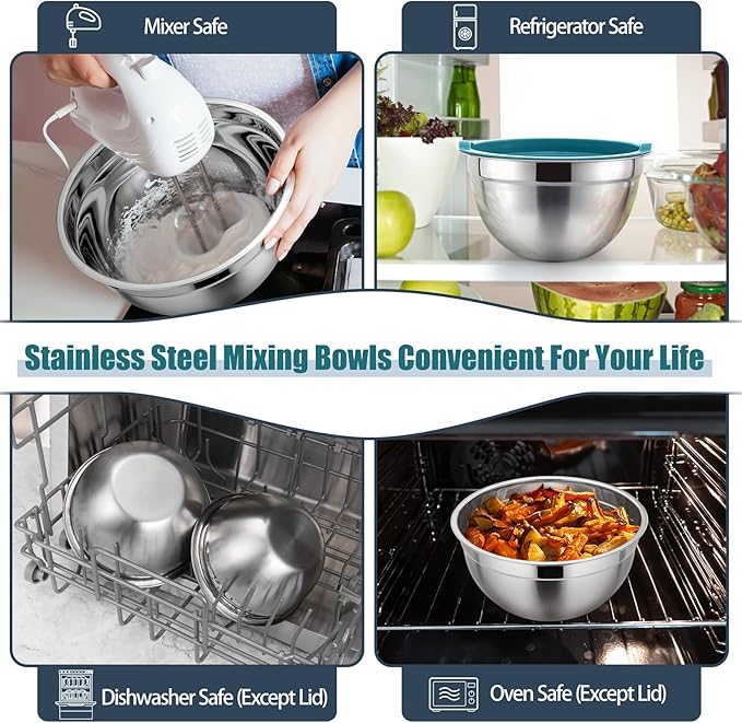 P&P CHEF Blue Mixing Bowls with Lids, Set of 3, Stainless Steel Salad Nesting Bowl for Mixing, Storing, Prepping, Airtight & Stackable, Size 4.6/3 /1.5 QT - Image 6