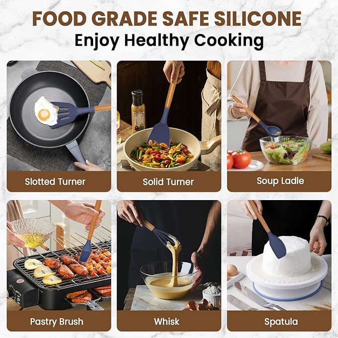 Kitchen Utensils Set - 12 Pcs Silicone Cooking Utensils Set with Wooden Handle - Heat Resistant Non-Stick BPA Free Spatula Set,Turner, Spoon, Brush, Silicone Kitchen Gadgets Utensil Set - Image 4
