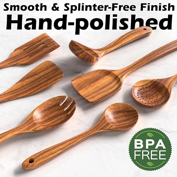 Natural Teak Kitchen Cooking Utensil Set with Holder, Wooden Spoons for Cooking, 10PCS Cooking Spatulas Set with Spoon Rest, Wooden Utensil Set for Nonstick Cookware Sturdy & Lightweight - Image 4