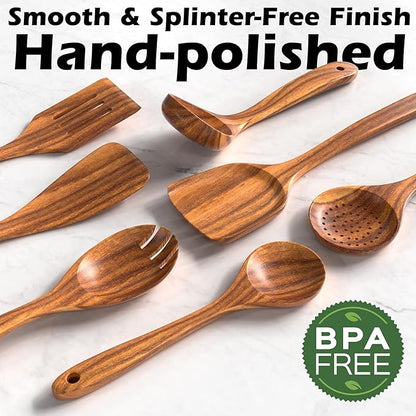 Natural Teak Kitchen Cooking Utensil Set with Holder, Wooden Spoons for Cooking, 10PCS Cooking Spatulas Set with Spoon Rest, Wooden Utensil Set for Nonstick Cookware Sturdy & Lightweight - Image 4