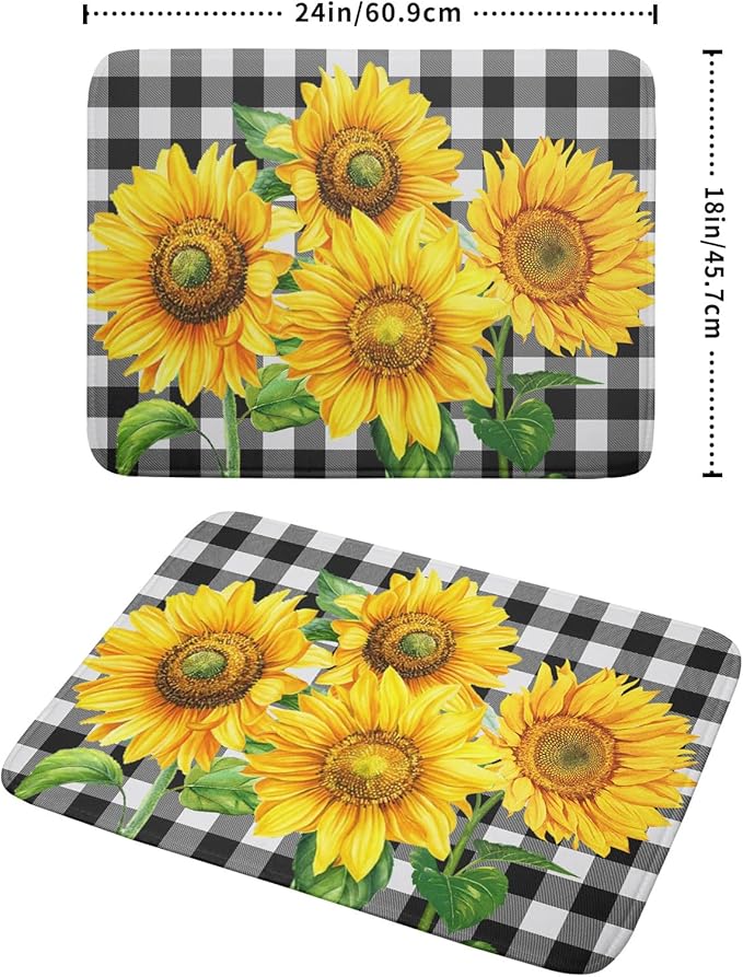 Sunflower Dish Drying Mat for Kitchen Counter Black White Buffalo Plaid Microfiber Absorbent Dish Draining Reusable Washable Foldable Extra Large 18"x24" - Image 2
