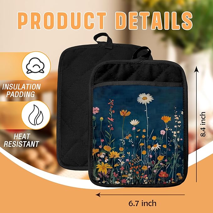 Moody Blue Wildflower Pot Holders with Pockets, Dark Cottagecore Floral Botanical Oven Pot Holders Heat Resistant Oven Mitts Hot Pads for Kitchen Baking Cooking