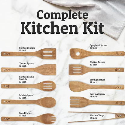 PriorityChef Wooden Spoons for Cooking, 9Pc with Tongs, Non Scratch Bamboo Cooking Utensils, Non-Toxic Wooden Utensil Set, Easy to Clean Kitchen Utensils Set for Everyday Use on All Cookware Types - Image 3