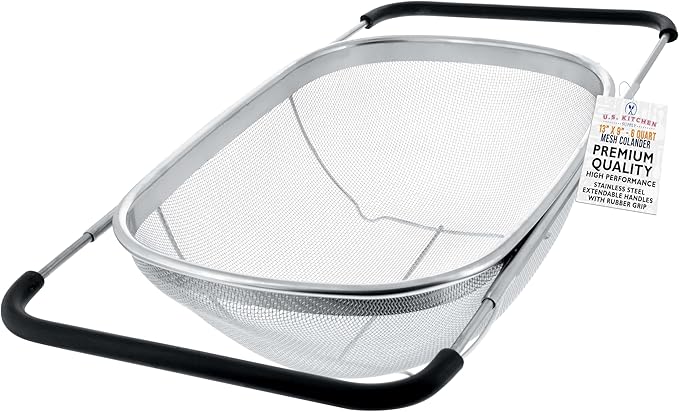 U.S. Kitchen Supply Stainless Steel Colander Strainer - 6-Quart Collapsible Colander with Expandable Rubber Handles - Rectangular Sieve, Fine Mesh Stainless Steel Strainers and Colanders for Kitchen by USKitchenSupply