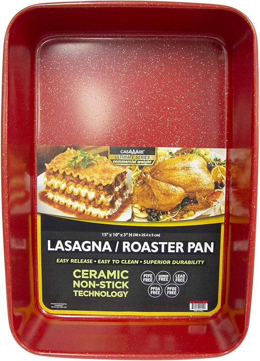 casaWare 15 x 10 x 3-Inch Ultimate Series Commercial Weight Ceramic Coated Non-Stick Lasagna/Roasting Pan (Red Granite)