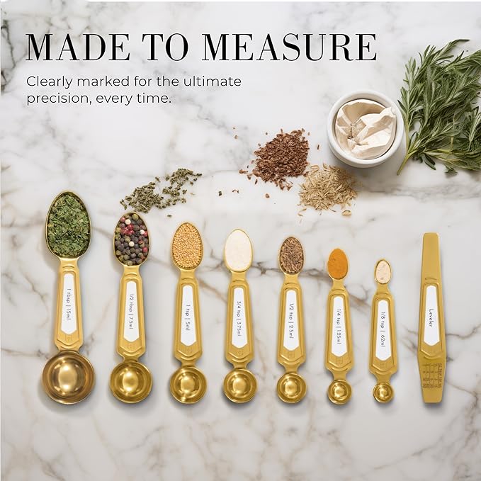 White and Gold Measuring Spoons with Leveler - Featuring 8PC Upgraded Style, Dual-Sided, Stackable, Stainless Magnetic Measuring Spoons Set - Fits in Spice Jars, White and Gold Kitchen Accessories - Image 2