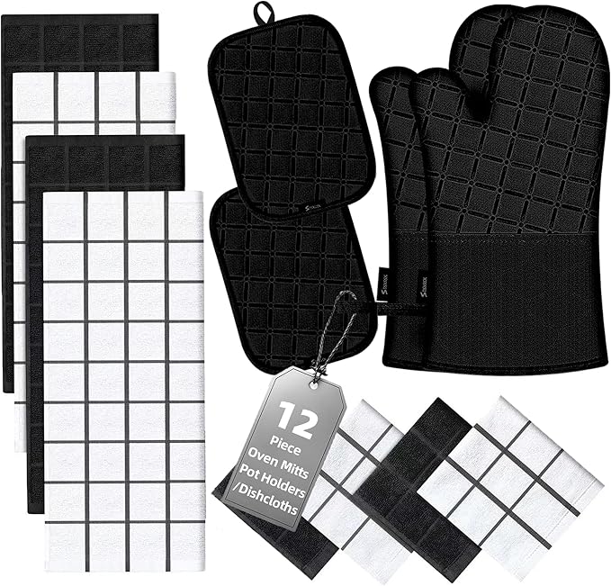 Oven Mitts Kitchen Towels and Dishcloths Pot Holders Sets, Oven Gloves Kitchen Dish Towels 500 Degree Heat Resistant Potholders with Non-Slip Silicone Surface for Cooking, Grilling, Baking-Black by BSKSSK