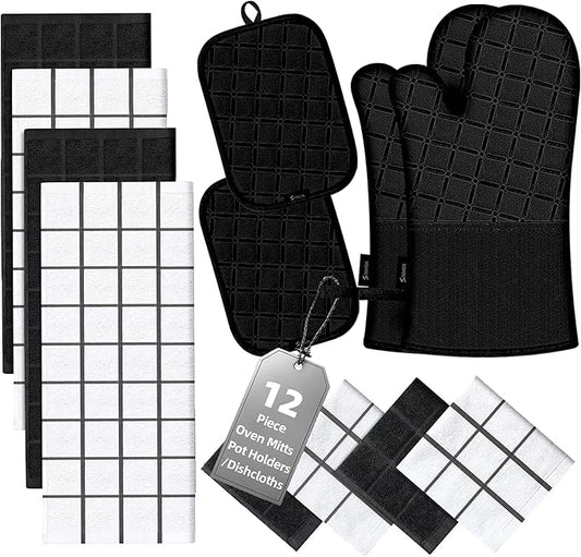 Oven Mitts Kitchen Towels and Dishcloths Pot Holders Sets, Oven Gloves Kitchen Dish Towels 500 Degree Heat Resistant Potholders with Non-Slip Silicone Surface for Cooking, Grilling, Baking-Black by BSKSSK