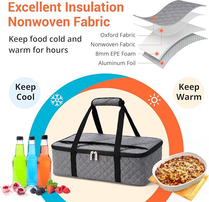 Insulated Casserole Carrier Portable Food Tote for Hot or Cold – Fits 9"x13" Baking Dish, Lasagna Holder for Parties, Picnic, Travel, Beach - Grey