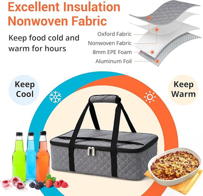 Insulated Casserole Carrier Portable Food Tote for Hot or Cold – Fits 9"x13" Baking Dish, Lasagna Holder for Parties, Picnic, Travel, Beach - Grey