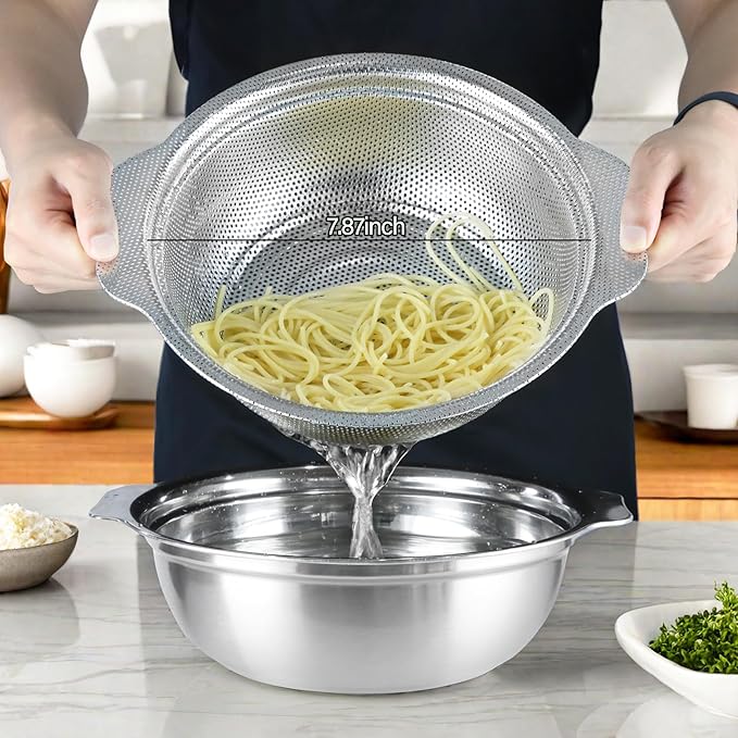 Stainless Steel Colander for Kitchen, 2.5QT Rice Washer Strainer with Mixing Bowl, Colander Bowl Set with Microporous for Washing Rice, Pasta, Spaghetti, Fruits, Dishwasher Safe(2PC) - Image 2