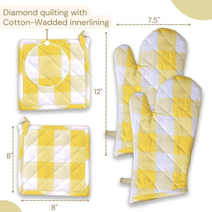 Buffalo Plaid Check Oven Mitts and Pot Holders Set, 100% Cotton, Heat Resistant, 2 Oven Gloves 7x13 Inches and 2 Hot Pads 8x8 Inches for Cooking and Baking, Lemon Yellow White