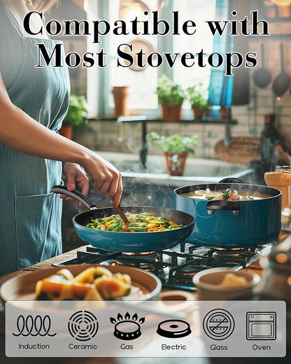 Cook N Home Pots and Pans Nonstick Cookware Set 12-Piece, Kitchen Cooking Set with Frying Pans and Saucepans, Induction Compatible, Turquoise - Image 3