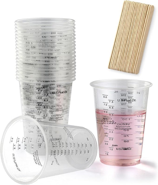 20pcs 8oz Graduated Clear Plastic Measuring Mixing Cups with 20pcs Wooden Stirring Sticks for Mixing Paint, Pigments, Epoxy Resins