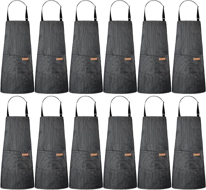 Handepo 12 Pcs Cotton Aprons for Women Men with Pockets Soft Adjustable Bib Stripe Aprons for Cooking Kitchen Chef by Handepo