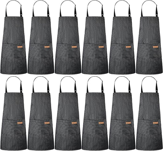Handepo 12 Pcs Cotton Aprons for Women Men with Pockets Soft Adjustable Bib Stripe Aprons for Cooking Kitchen Chef by Handepo