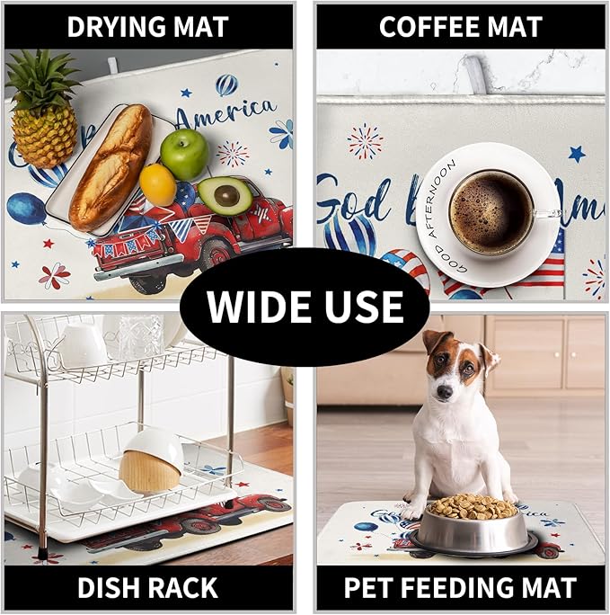 4th of July Drying Mat for Kitchen Counter 18 x 24 Inch US Independence Day Patriotic Truck Dish Drying Mat Polyester American Flag Dish Drainer Mat Super Absorbent Dish Rack Pad for Coffee Bar Sinks - Image 7