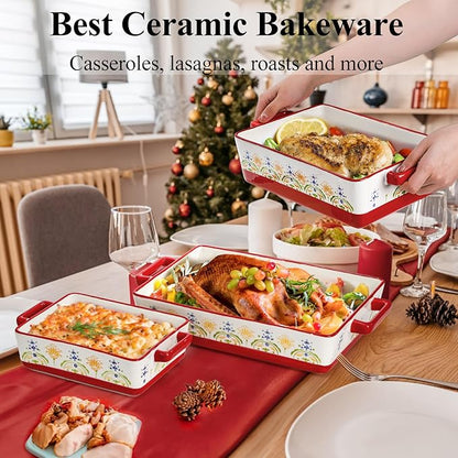 WRINGKIT Set of 3 Ceramic Baking Dishes, Rectangular Casserole Dish for Oven, Ceramic Bakeware Lasagna Pan Deep with Handles for Cooking, Baking, Wedding Gift, 3 Sizes (12''/10.7''/7.7''), Red - Image 5