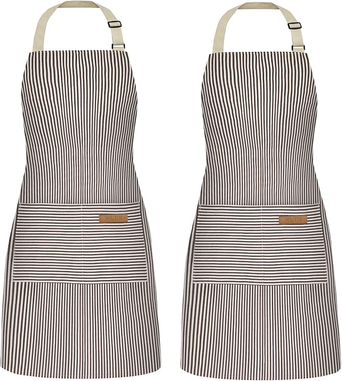 NLUS 2 Pack Cooking Aprons for Women with Pockets, Adjustable Kitchen Bib Aprons Chef Aprons for Women Men(Brown Pinstripes) by NLUS