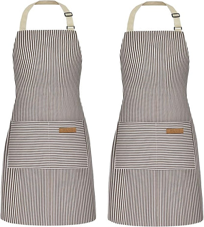 NLUS 2 Pack Cooking Aprons for Women with Pockets, Adjustable Kitchen Bib Aprons Chef Aprons for Women Men(Brown Pinstripes) by NLUS
