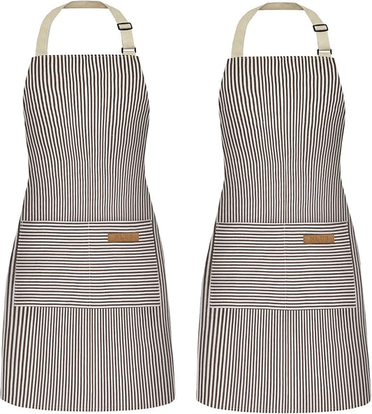NLUS 2 Pack Cooking Aprons for Women with Pockets, Adjustable Kitchen Bib Aprons Chef Aprons for Women Men(Brown Pinstripes) by NLUS