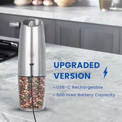 UNNEES Rechargeable Electric Salt and Pepper Grinder, gravity electric salt and pepper grinder, Adjustable Roughness, LED Light, 1 Pack, (Silver) - Image 2