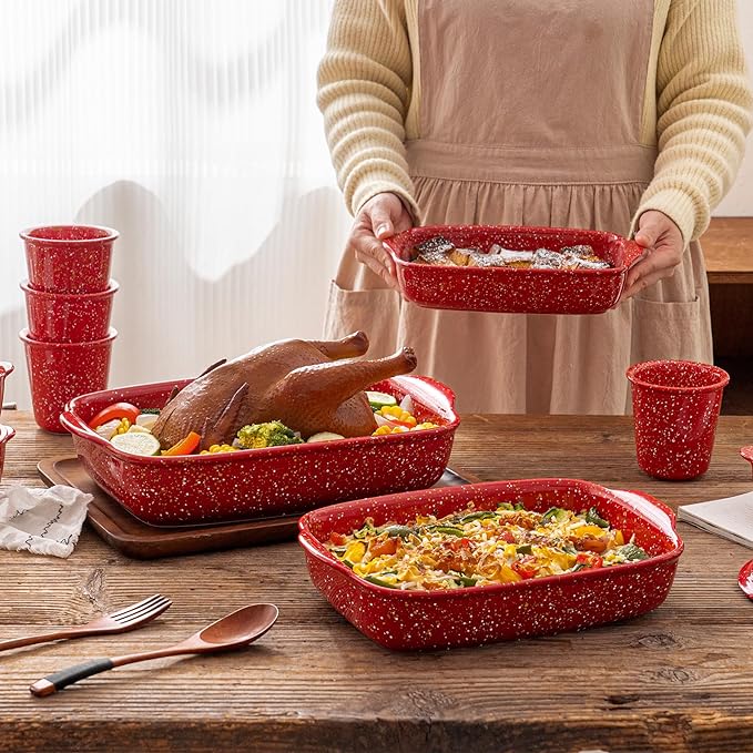 3-Pack Ceramic Lasagna Pan,Heavy-Duty Rectangular Baking Dishes, High Heat Resistant Oven-Safe Stoneware Casserole with Handles,Home Baking,Speckle Series(13.8''/12''/9.6'' Red) - Image 8