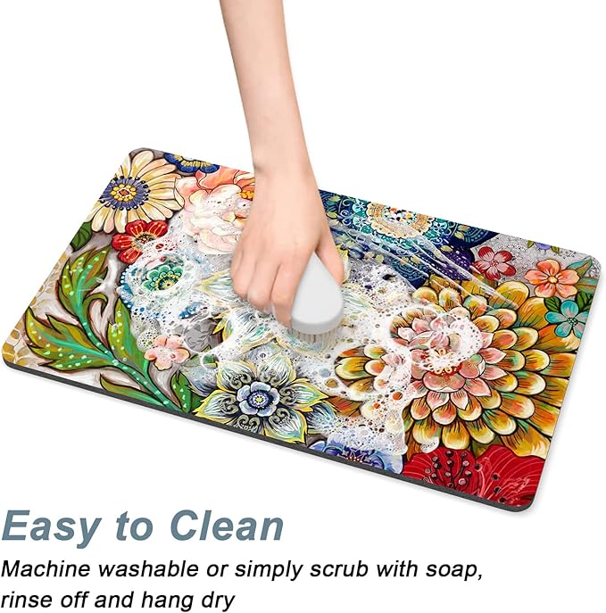 Rnivvi Coffee Mat, 12" x 19" Cute Flower Theme Coffee Bar Mats for Espresso Machine Station Accessories and Organizer, Hide Stain Rubber Backed Absorbent Dish Drying Pad for Kitchen Counter, Mandala - Image 5