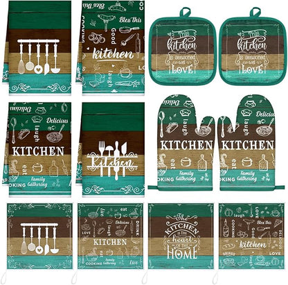 12 Pcs Farmhouse Kitchen Decor Sets 4 Teal Green Kitchen Towels 4 Teal Absorbent Dishcloths 2 Rustic Pot Holders 2 Oven Mitts Gloves for Home Decorations Mom Gifts