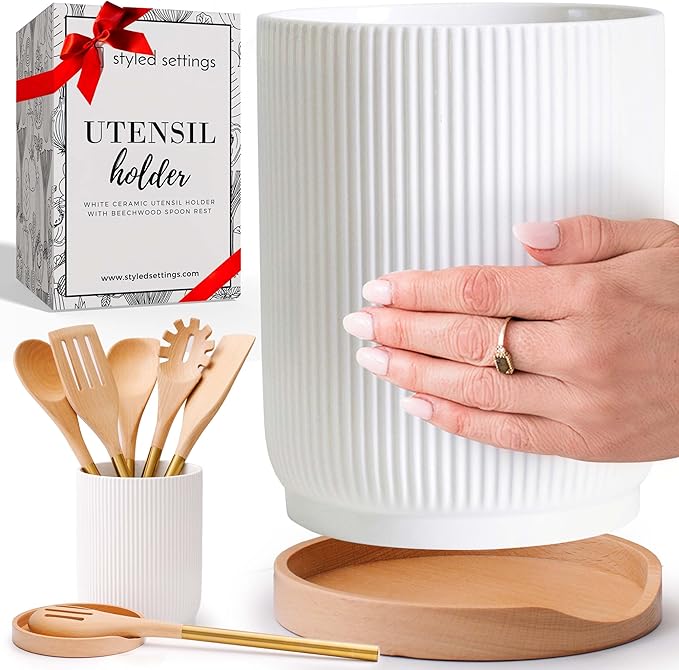STYLED SETTINGS White Ceramic Utensil Holder with Built-In Wooden Spoon Rest –2PC Set for Kitchen Countertop Organization – Ceramic Utensil Crock & Wood Spoon Rest for Clean, Stylish Cooking by STYLEDSETTINGS