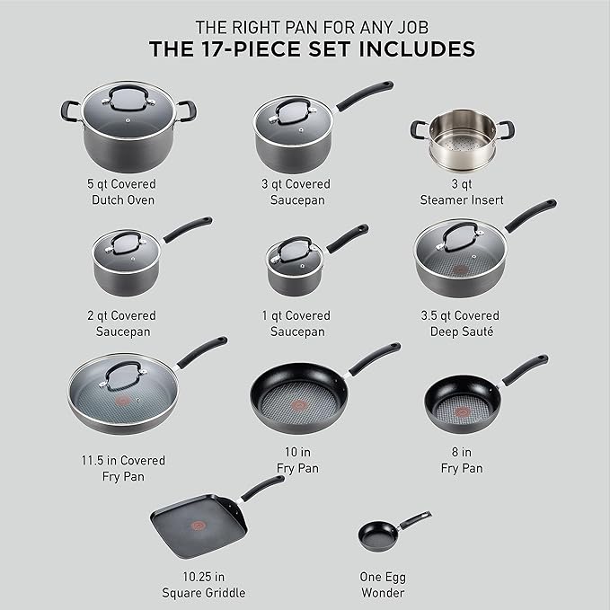 T-fal 28 Piece Set Ultimate Hard Anodized Nonstick Cookware Set With Ice Force Stainless Steel Kitchen Knife Set and Wood Block - Image 2