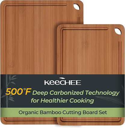 Keechee Butcher Block 2-Pcs Carbonized Bamboo Cutting Board Set With Juice Groove For Meal Prep & Cheese Serving - Ideal Kitchen Gift Set of 2 (M+L) by Keechee