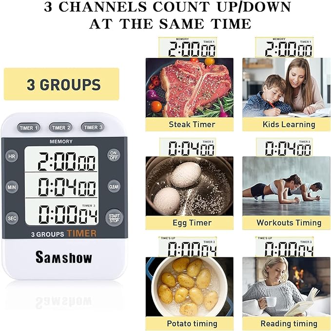 Digital Kitchen Timer Dual Timers 3 Channels Count UP/Down Cooking Timer Large Display, Adjustable Volume Alarm with Magnetic Back, Stand, Battery Included - Image 2