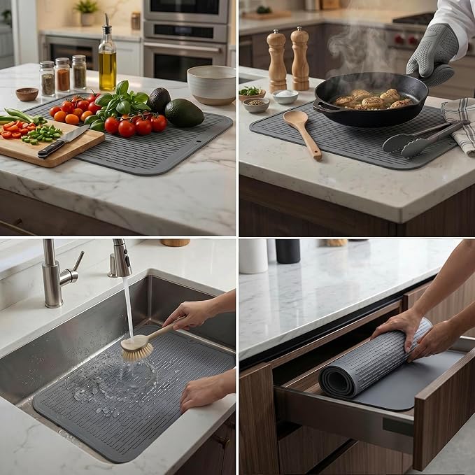 MicoYang Silicone Dish Drying Mat for Multiple Usage,Easy clean,Eco-friendly,Heat-resistant Silicone Mat for Kitchen Counter or Sink,Refrigerator or Drawer Liner Grey 2XL 24 inches x 18 inches - Image 3
