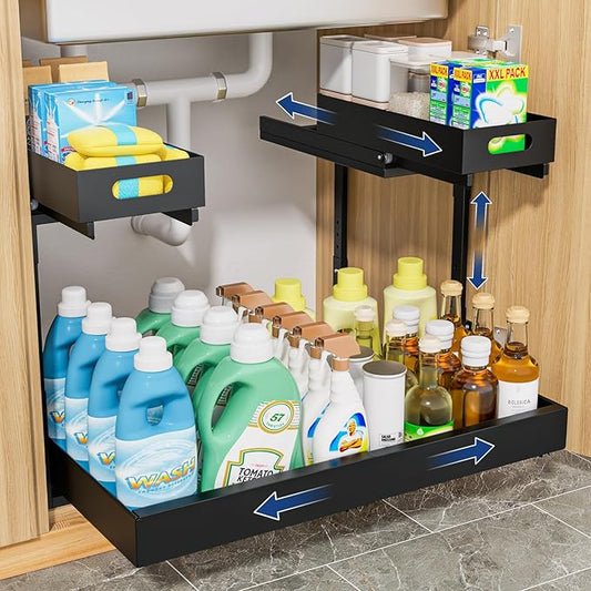 Upgrade Expandable Under Sink Organizer, Insputer 2 Tier Metal Under Cabinet Storage with 3 Slide Rails, Height Adjustable, Thickened Pull Out Drawer Shelf for Bathroom, Kitchen, Laundry, Pantry