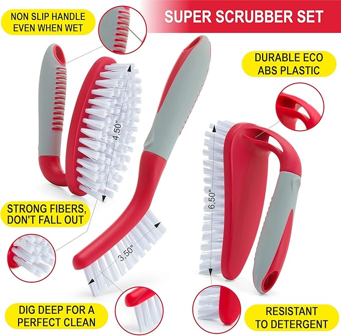 Scrub Brush Set of 6 pcs - Red or Blue Randomly Color, Cleaning Shower Scrubbers with Squeegee for Shower Glass & Adhesive Wall Hooks Including Grout Cleaner Brush for Cleaning Bathroom, Tile - Image 2