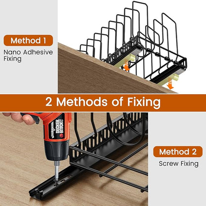 Housolution 2 Pack Pull Out Pot and Pan Organizer for Under Cabinet, Slide Out Pot Lid Organizer with 10 Adjustable Dividers, Sliding Pan Holder Storage Rack Inside Cabinet, Black - Image 5