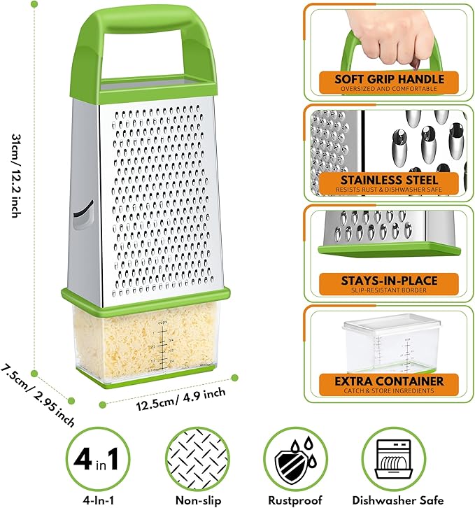 Urbanstrive Cheese Grater With Container, Professional Cheese Grater with Handle, Stainless Steel Graters for Kitchen Handheld, Box Grater with 4 Sides for Vegetables, Ginger, Potatoes (Green) - Image 2