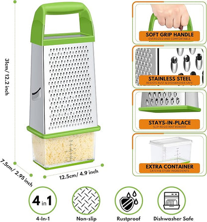 Urbanstrive Cheese Grater With Container, Professional Cheese Grater with Handle, Stainless Steel Graters for Kitchen Handheld, Box Grater with 4 Sides for Vegetables, Ginger, Potatoes (Green) - Image 2