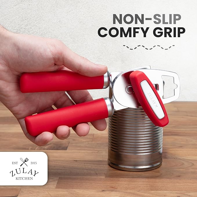 Zulay Kitchen Heavy Duty Stainless Steel Can Opener Manual with Bottle Opener - Rust Proof Manual Can Opener With Turn Knob & Comfy Soft Grip Handles - Cherry Red - Image 5