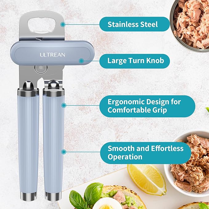 Ultrean Manual Can Opener Bottle Opener, Heavy Duty Stainless Steel Smooth Edge Manual Hand Held Can Opener With Soft Touch Handle, Rust Proof Oversized Handheld Easy Turn Knob (Blue) - Image 2