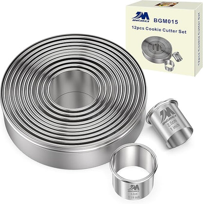 Round Cookie Biscuit Cutter Set 12 Pieces Graduated Circle Pastry Cutters 18/8 Stainless Steel Cookie Cutters1inch - 4 1/2inch Donut Cutter Ring Molds GIFT Package