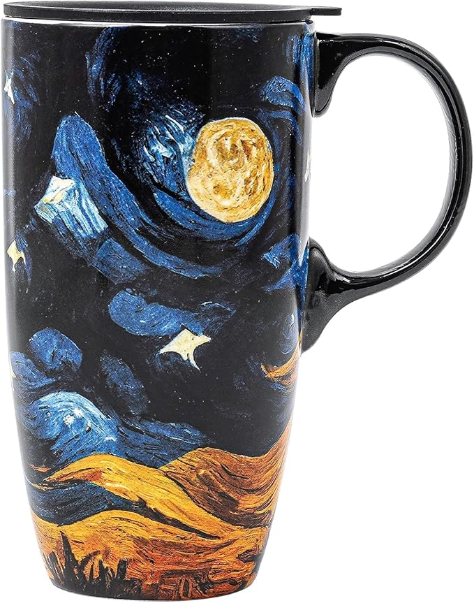 Topadorn Ceramic Coffee Travel Mug with Lid and Handle - 17 Oz Large Ceramic Latte Teacup with Color Box, Splash Resistant Lid - To Go Tumbler for Car Cup Holder, Starry Sky