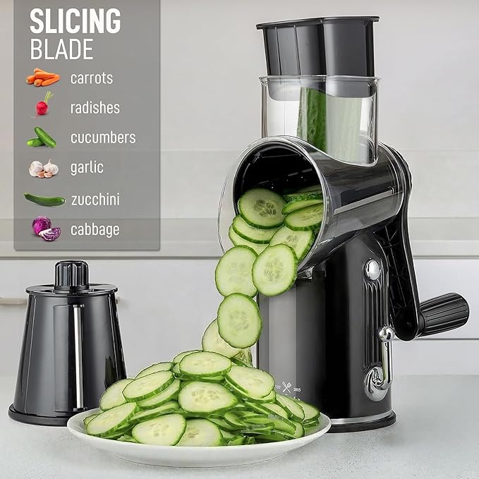 Zulay Kitchen Rotary Cheese Grater 5 Blade Cheese Shredder - Manual Hand Crank Cheese Grater With Reinforced Suction & 5 Interchangeable Drums - Easy to Use, Vegetable Chopper Round Mandoline Slicer - Image 5