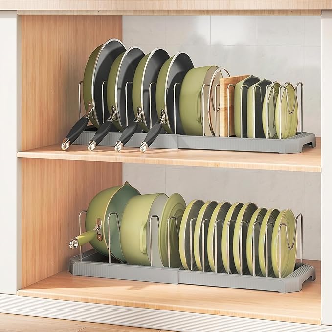 Pots and Pans Organizer for under Cabinet, Pan Pot Organizers inside Cabinet, Expandable Organizer with 12 Adjustable Dividers for Cookie Sheets, Cutting Boards, Pot Lids, Cookware - Pan Rack, Grey - Image 9