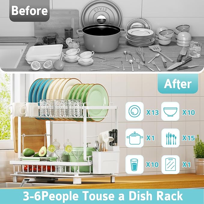 Multifunctional Dish Drying Rack - Rustproof, 2-Tier Dish Racks with Drainboard, Space-Saving Design, Utensil & Cup Holder for Kitchen Counter, White - Image 7