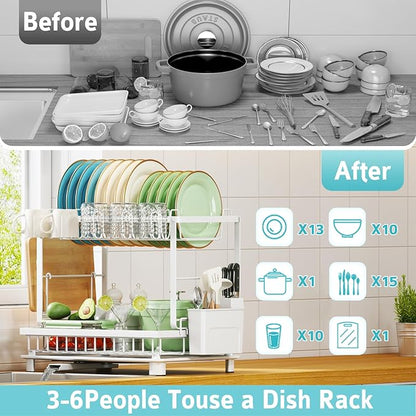 Multifunctional Dish Drying Rack - Rustproof, 2-Tier Dish Racks with Drainboard, Space-Saving Design, Utensil & Cup Holder for Kitchen Counter, White - Image 7