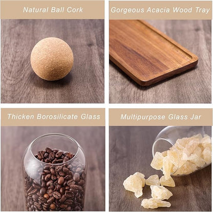 Glass Jars with Cork Lids, 3 Pack Small Decorative Jars with Acacia Tray, Bathroom Qtip and Cotton Ball Holder Set, Cute Coffee Bar Containers for Sugar Candy Tea, Apothecary Jars (17oz) - Image 6