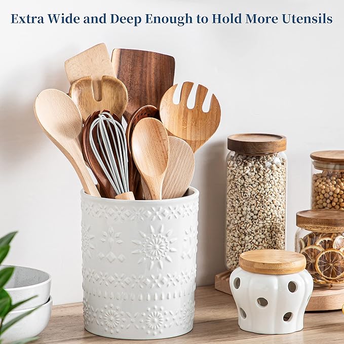 LOVECASA Extra Large Kitchen Utensil Holder, 7.2" Ceramic Farmhous Utensil Holder For Kitchen Countertop Décor With Heavy And Sturdy Base, Utensil Crock Organizer, White - Image 3
